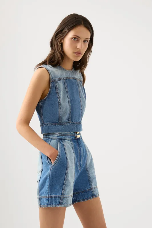 Ines Panelled Denim Shell Top sold by Aje
