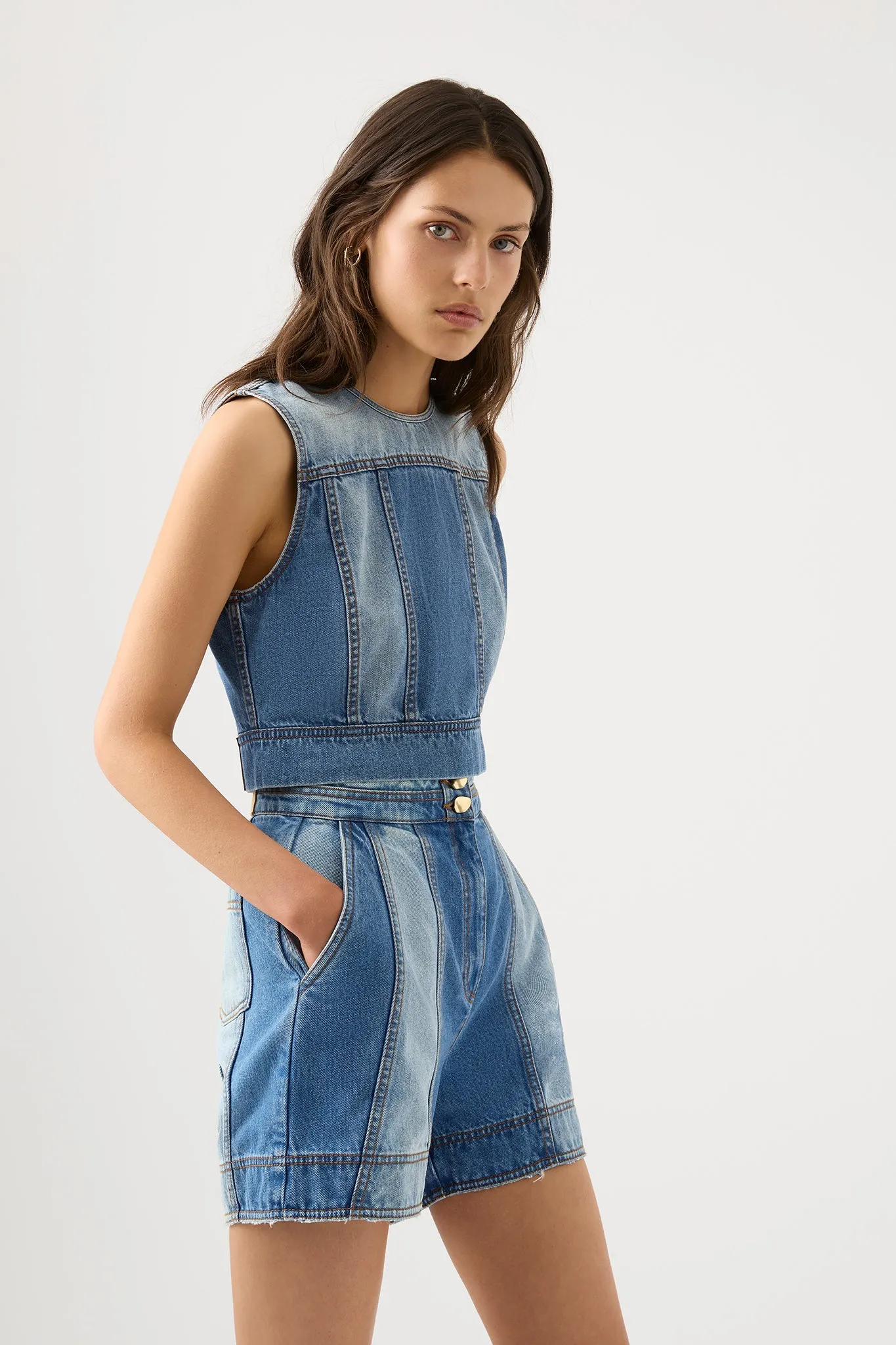 Ines Panelled Denim Shell Top sold by Aje