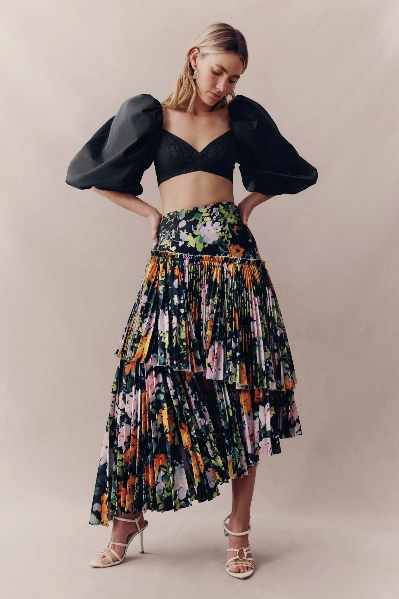 Alice Pleated Asymmetric Midi Skirt sold by Aje