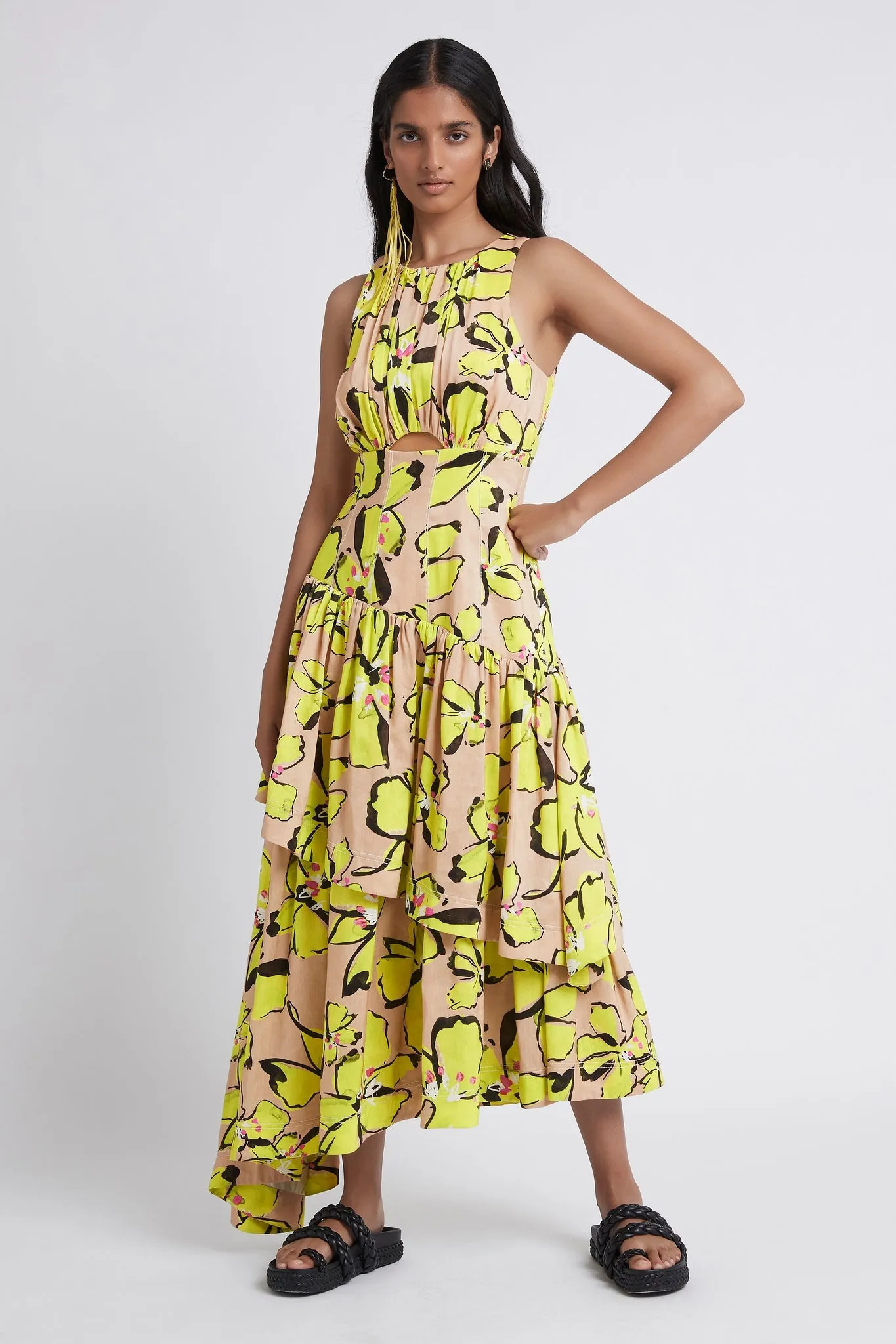 Pelicano Citrus Bloom Racer Asymmetric Tiered Dress sold by Aje
