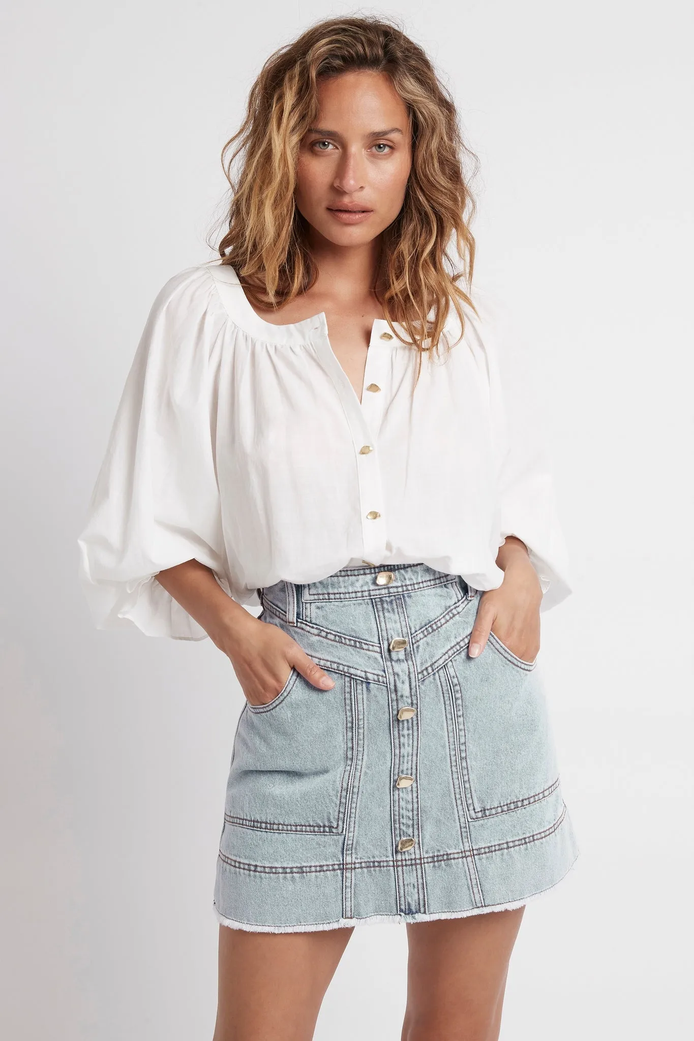 Belmond Button Denim Mini Skirt sold by Aje