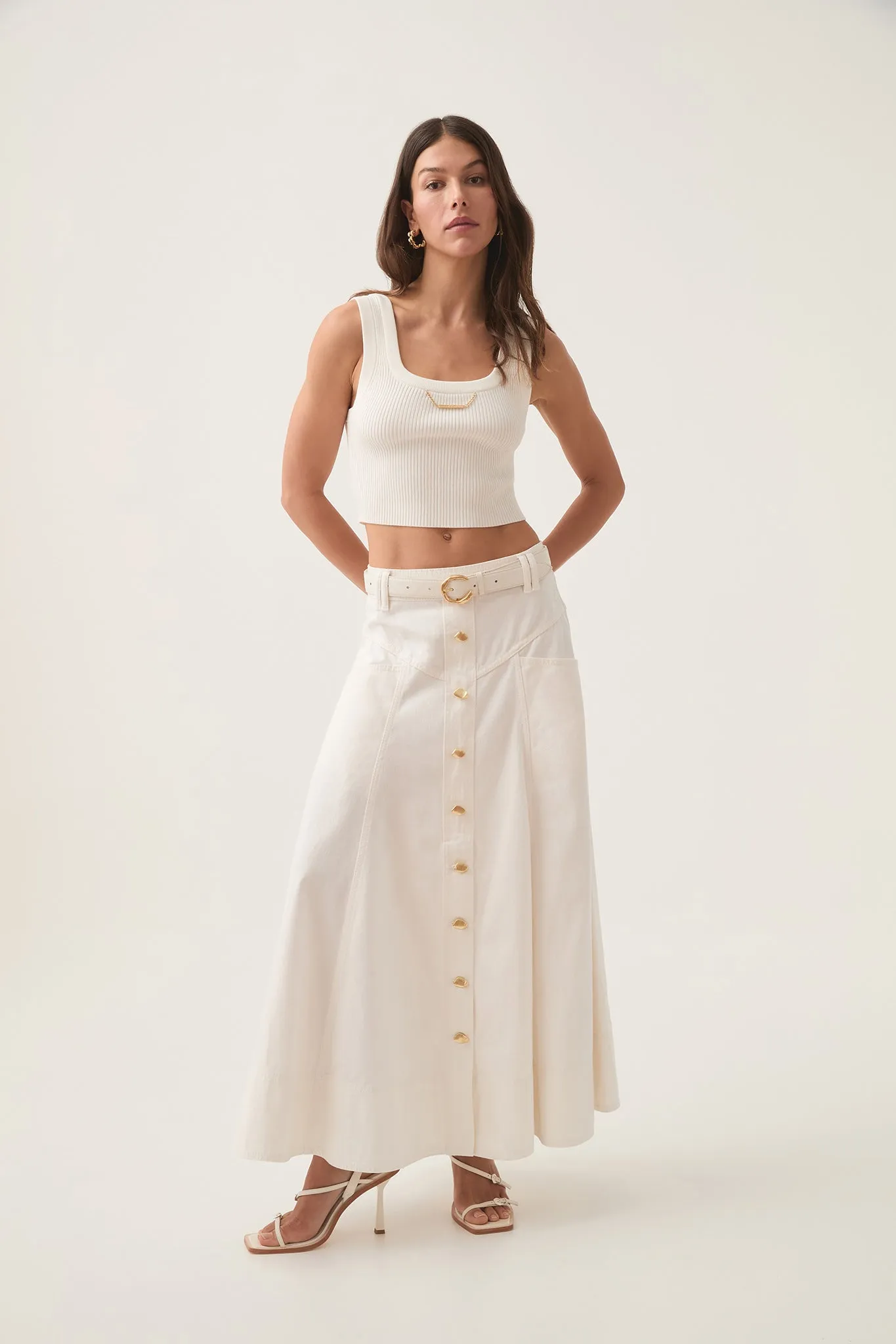 Ren Denim Midi Skirt sold by Aje