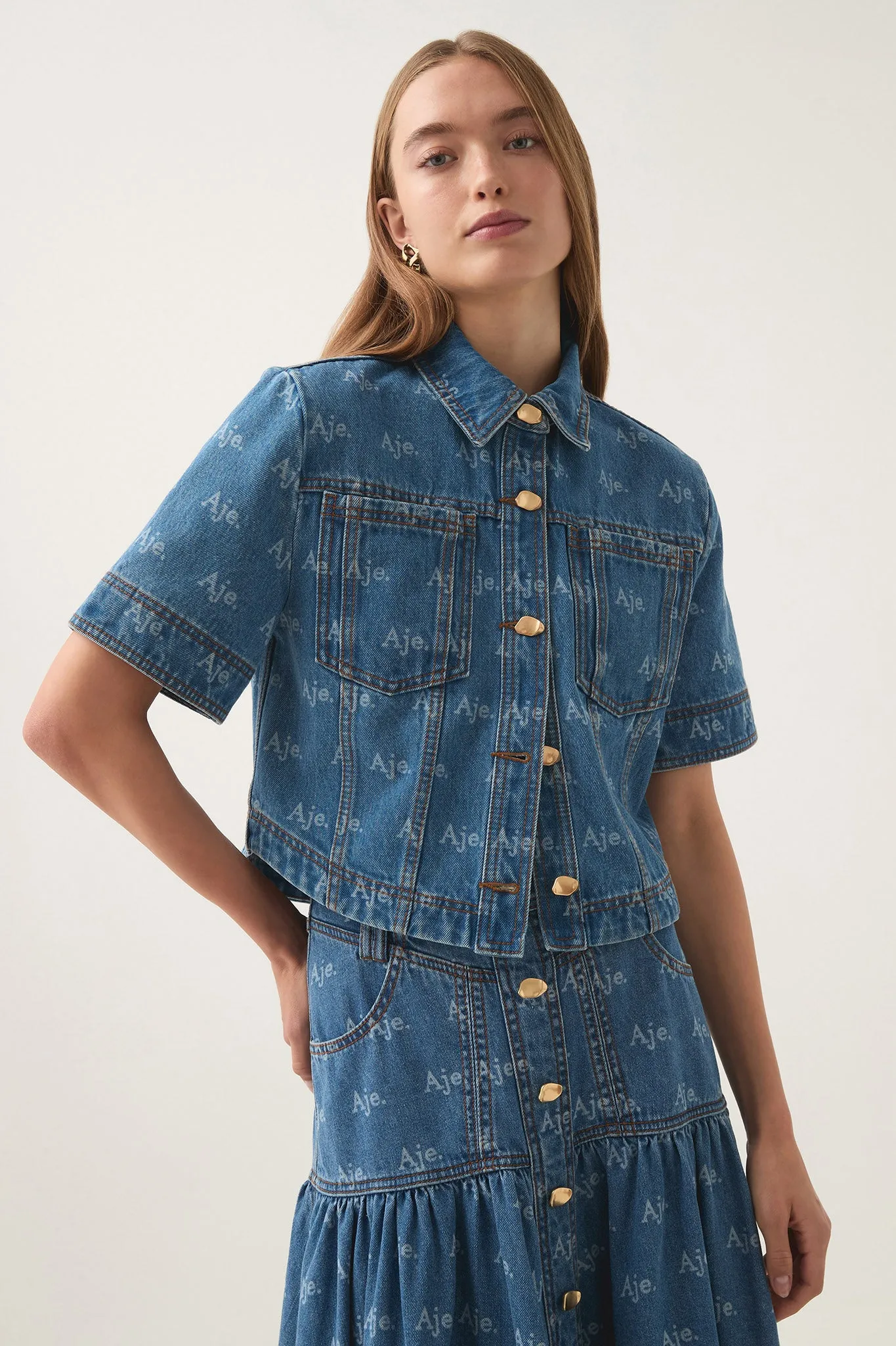 Ratio Logo Denim Cropped Shirt sold by Aje