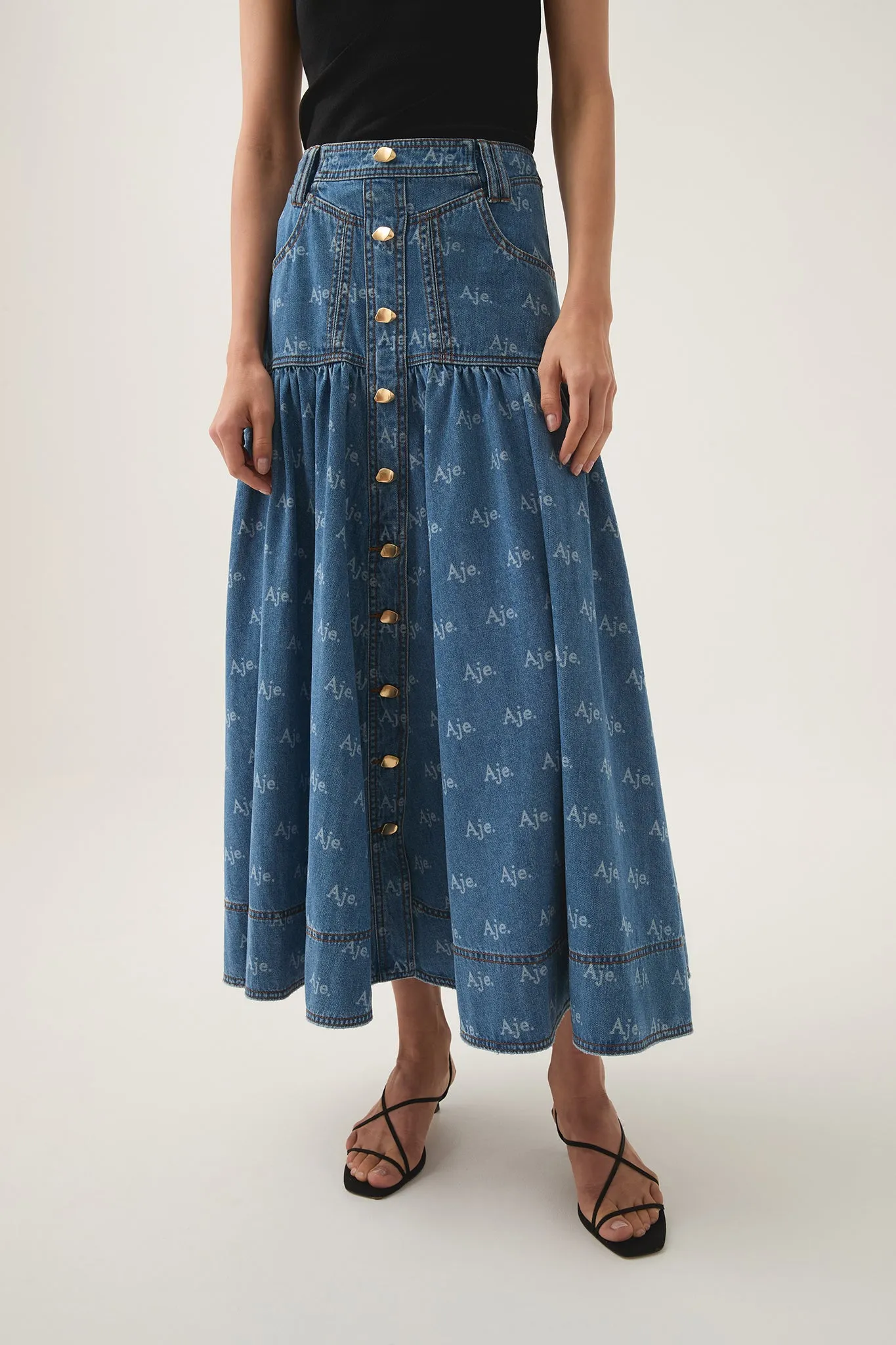 Ratio Logo Denim Midi Skirt sold by Aje