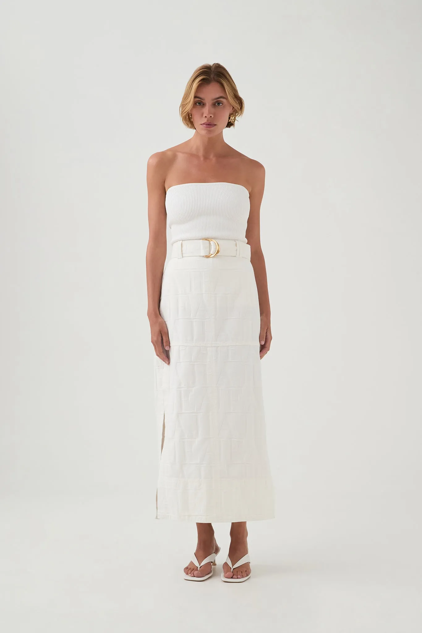 Helm Denim Midi Skirt sold by Aje