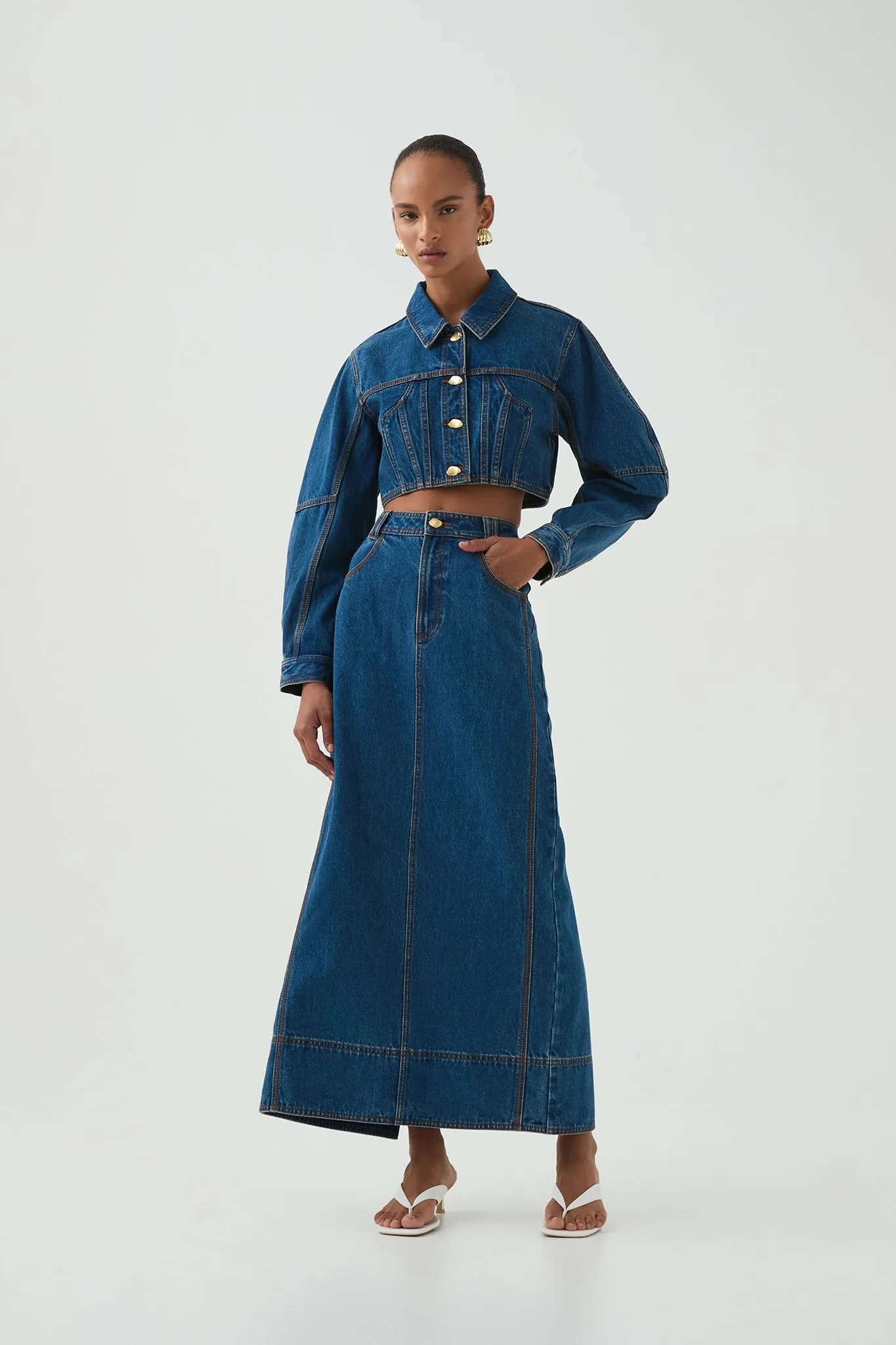 Phoenix Denim Midi Skirt sold by Aje