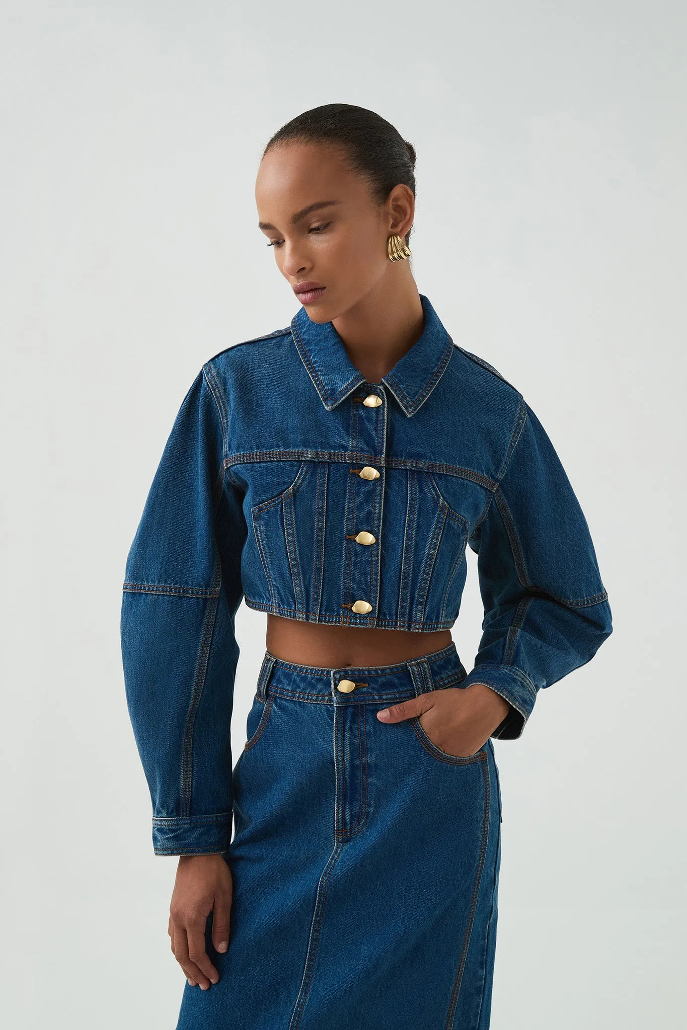 Phoenix Cropped Denim Jacket sold by Aje