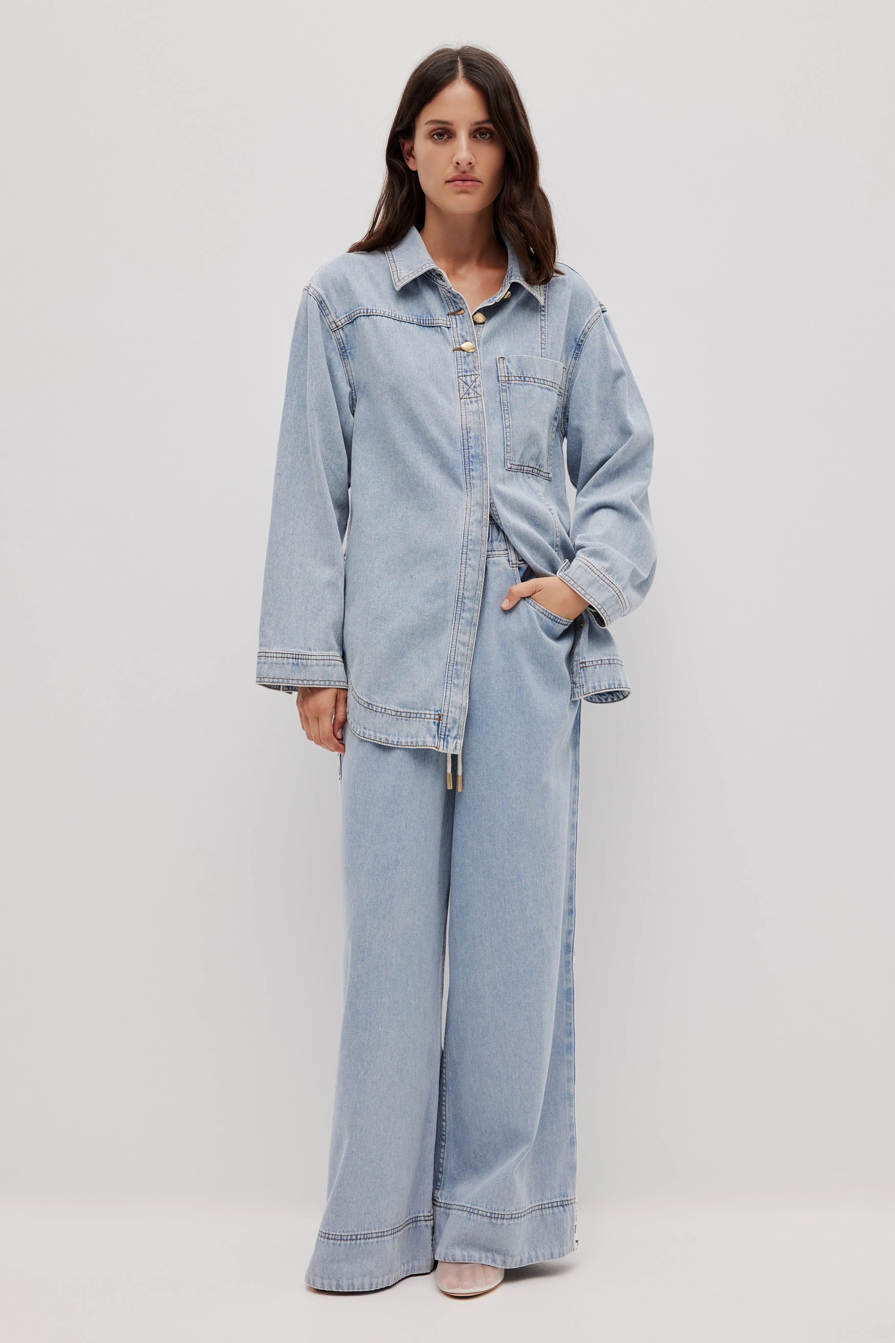 Corrie Denim Long Sleeve Shirt sold by Aje