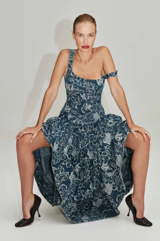 Arlo Jacquard Denim Maxi Dress made by Aje