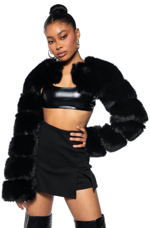 LADIES NIGHT ULTRA CROP FAUX FUR JACKET sold by AKIRA