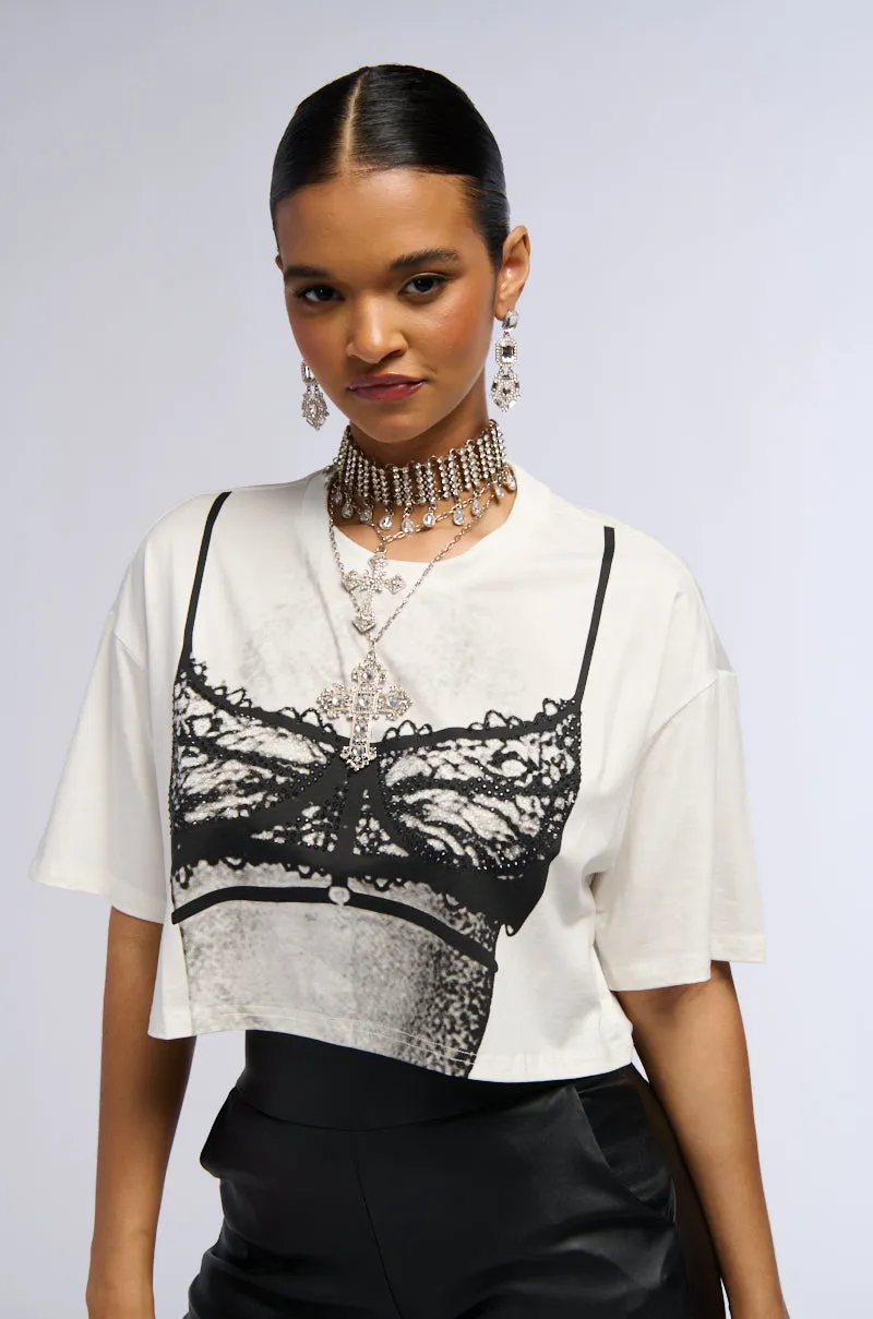 RHINESTONE EMBELLISHED BODY HEAT CROPPED TEE sold by AKIRA