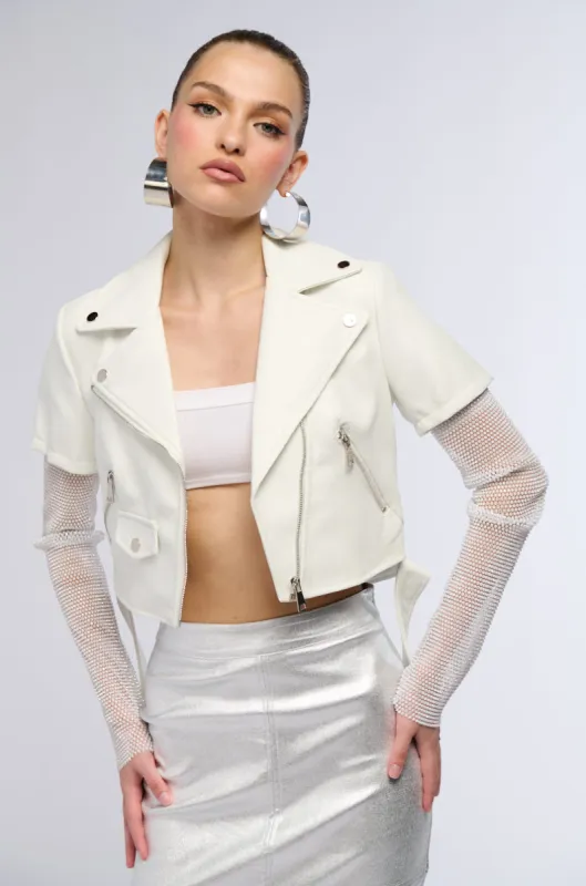 ACEROLA BLING RHINESTONE SLEEVE MOTO JACKET IN WHITE sold by AKIRA