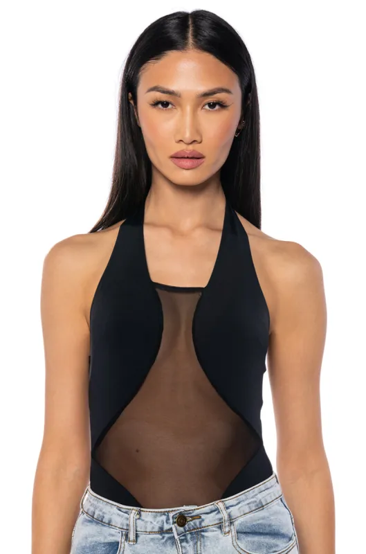 ASH HALTER NECK MESH DETAIL BODYSUIT sold by AKIRA