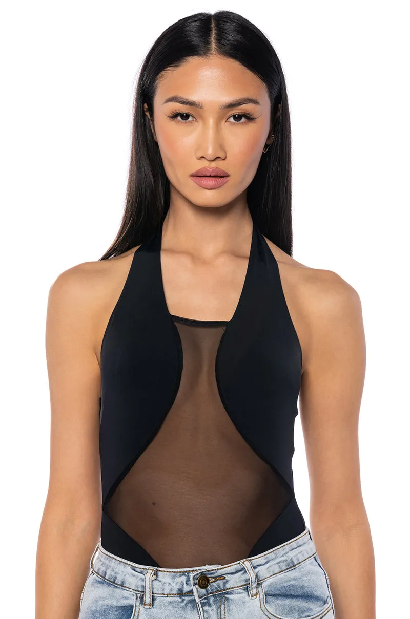 ASH HALTER NECK MESH DETAIL BODYSUIT sold by AKIRA