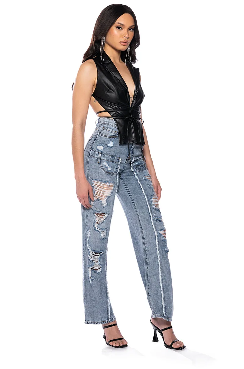 IMPACT ON YOU DISTRESSED WIDE LEG HIGH RISE JEANS sold by AKIRA product image thumbnail 3