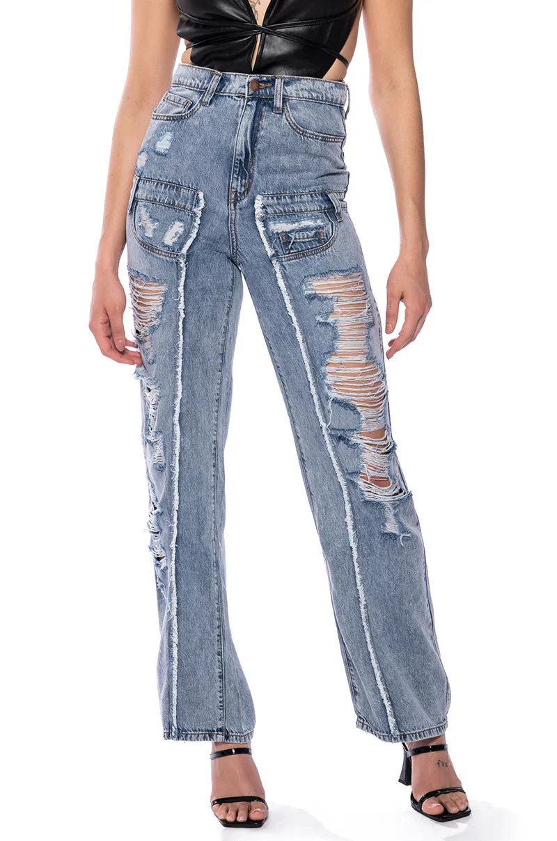 IMPACT ON YOU DISTRESSED WIDE LEG HIGH RISE JEANS sold by AKIRA