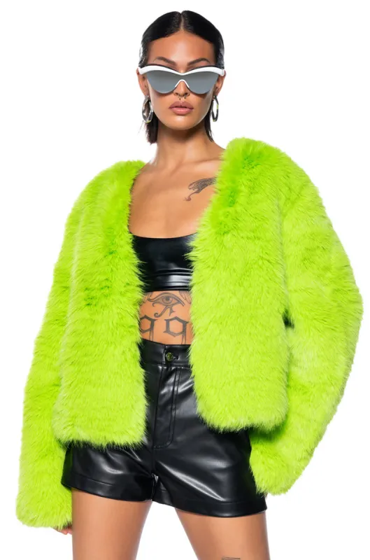 SLIME TIME FAUX FUR COAT IN LIME sold by AKIRA