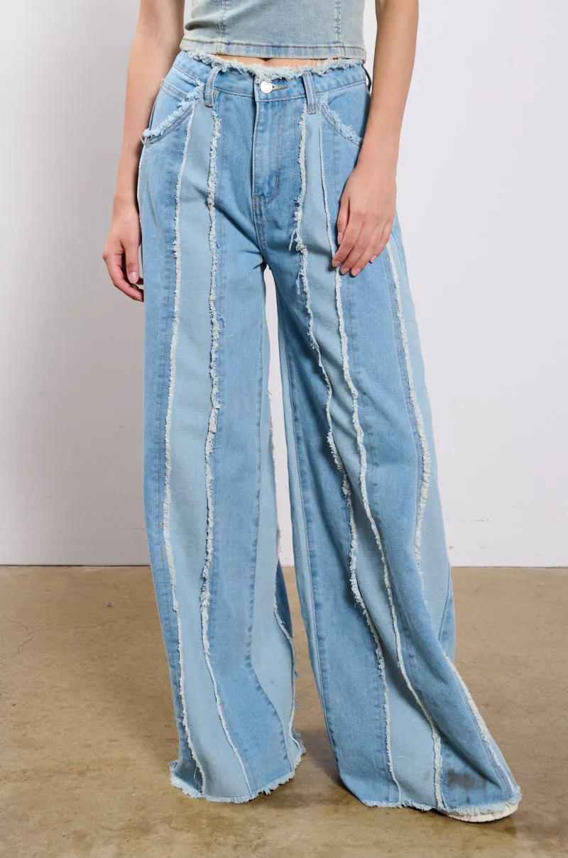 DONT NEED TO SLEEP DISTRESSED WIDE LEG DENIM PANT sold by AKIRA