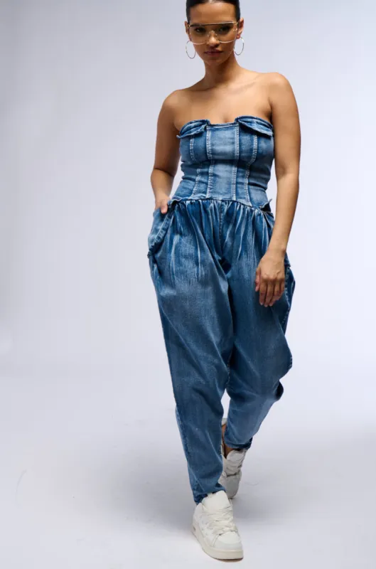 TILL WE MEET AGAIN DENIM JUMPSUIT sold by AKIRA