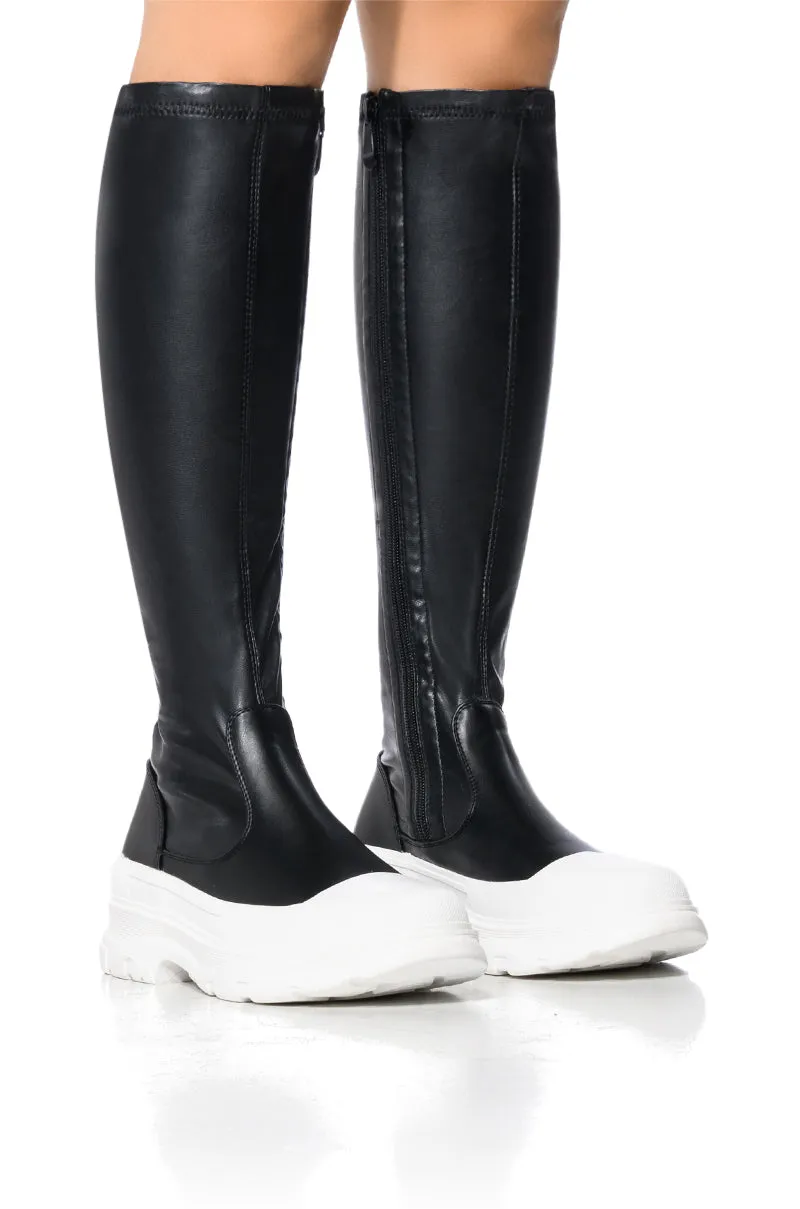 AZALEA WANG LOIS 4 WAY STRETCH MID CALF FLATFORM BOOTS IN BLACK sold by AKIRA