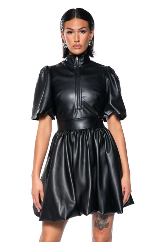 CUTE AND CLASSY PU BUBBLE MINI DRESS sold by AKIRA