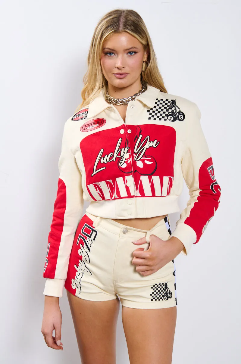 LUCKY ME EMBROIDERED BOMBER sold by AKIRA