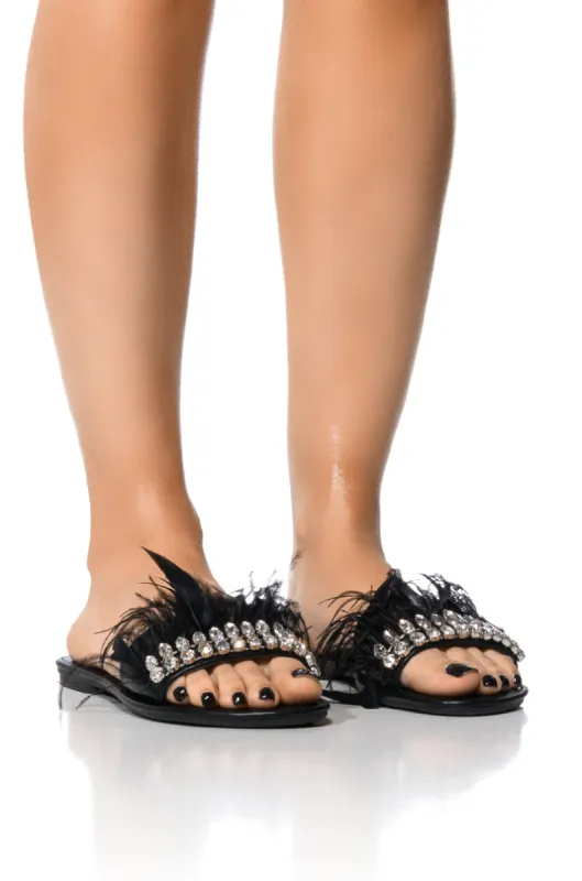 AZALEA WANG FEATHER FLAT SANDAL IN BLACK sold by AKIRA