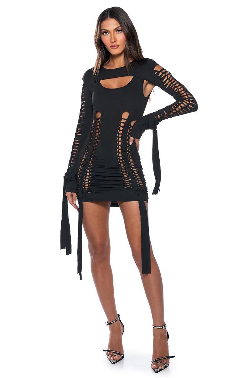 WORST BEHAVIOR DISTRESSED MINI DRESS sold by AKIRA
