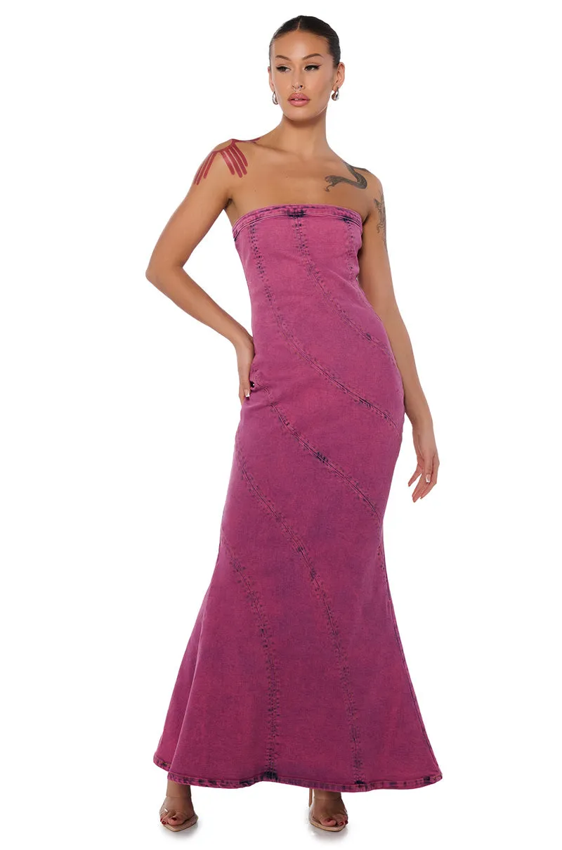 LETS GO PARTY DENIM MIDI DRESS sold by AKIRA