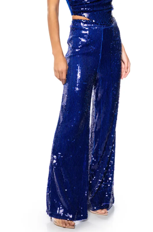 LIFE IS A STAGE SEQUIN WIDE LEG TROUSER sold by AKIRA