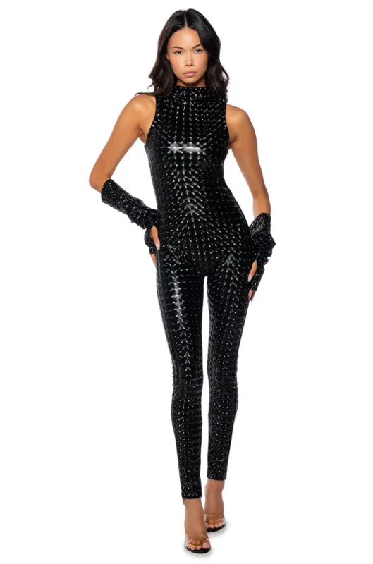 JESSICA PRINTED PU JUMPSUIT sold by AKIRA