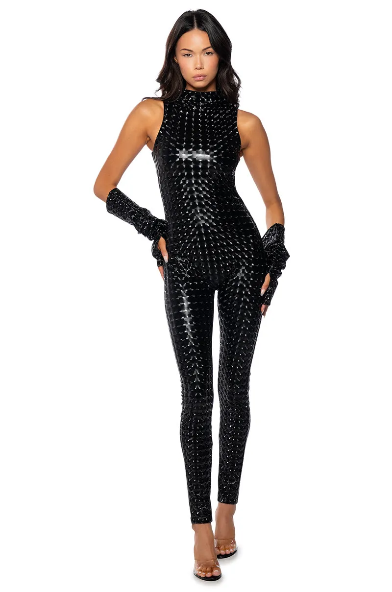 JESSICA PRINTED PU JUMPSUIT sold by AKIRA