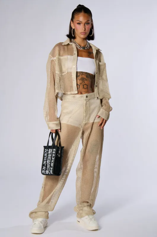 ALL THAT MESH WIDE LEG SNAP PANTS IN BEIGE sold by AKIRA