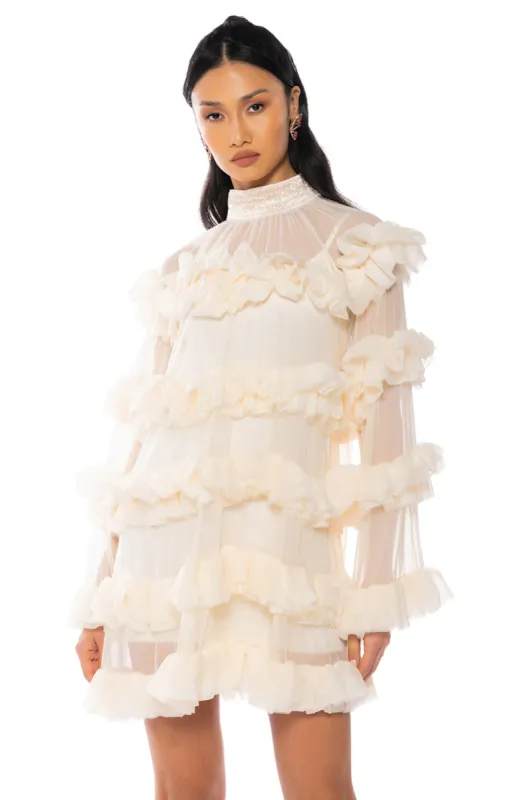 ROMANTIC LAYERED RUFFLES LONG SLEEVE MINI DRESS sold by AKIRA