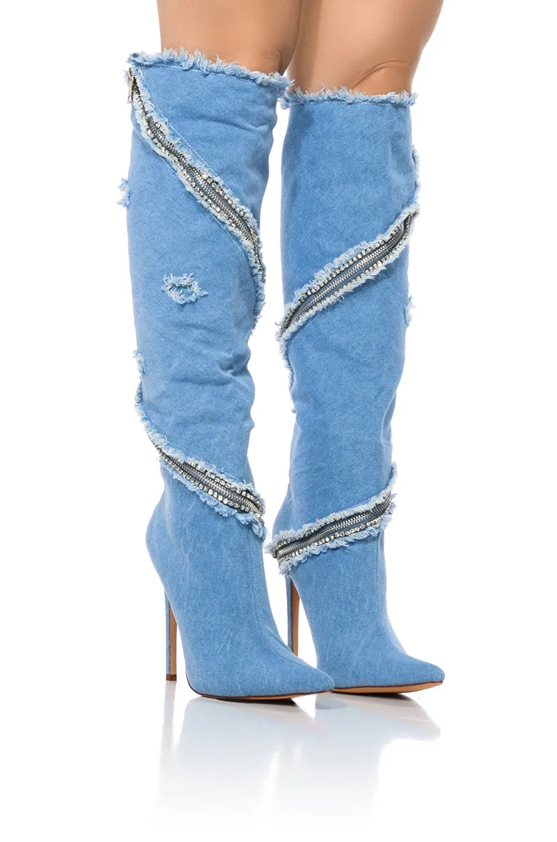 AZALEA WANG BEBOP ZIPPER DECOR MID CALF BOOT IN DENIM sold by AKIRA
