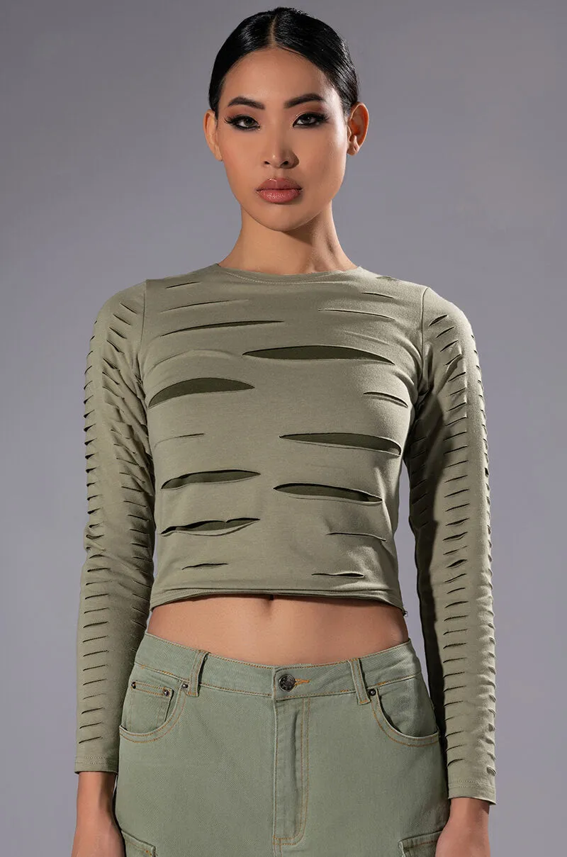 COME AROUND DISTRESSED LONG SLEEVE TOP sold by AKIRA