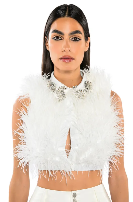 BASH ALL OVER FEATHER SLEEVELESS BLOUSE sold by AKIRA