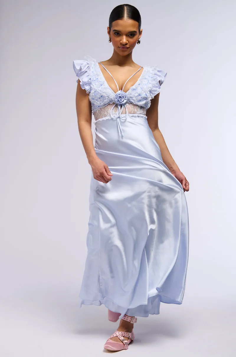 SAVING MYSELF FLOWER APPLIQUE SATIN LACE DRESS sold by AKIRA