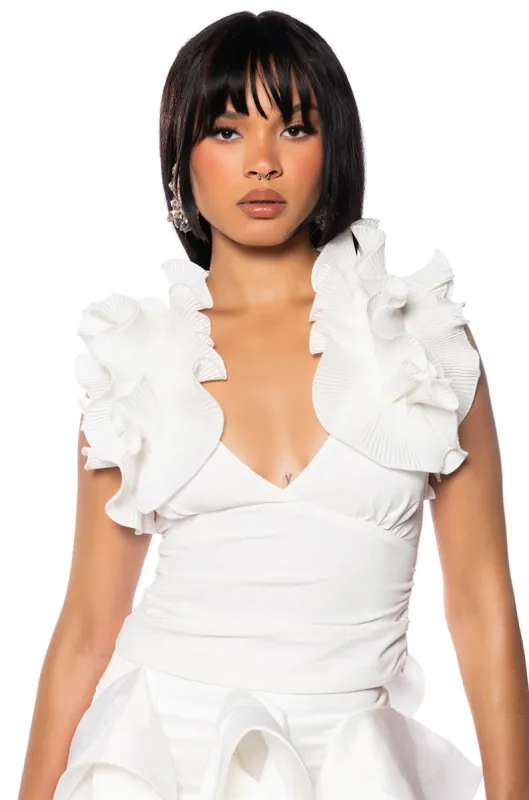 MAIN CHARACTER ENERGY RUFFLED BLOUSE IN WHITE sold by AKIRA
