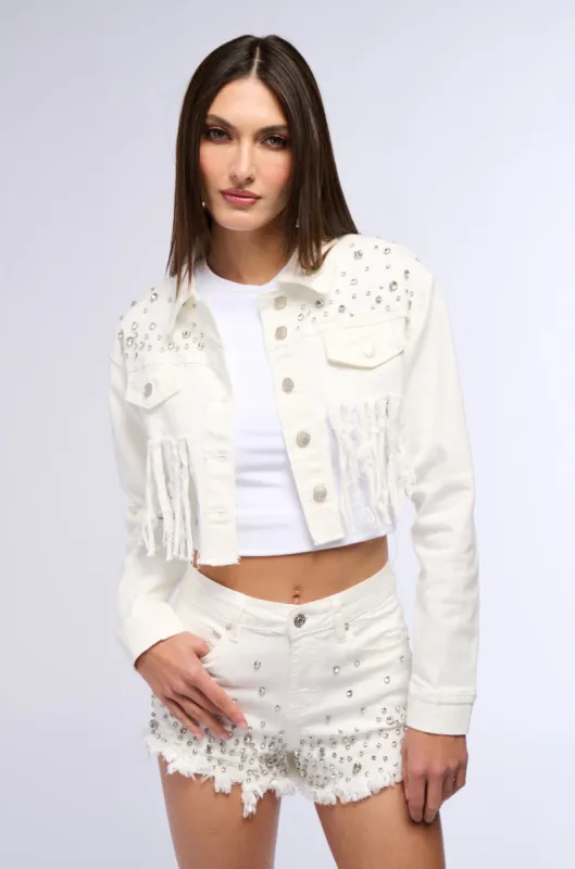 RILEE EMBELLISHED DENIM CROP JACKET IN WHITE sold by AKIRA