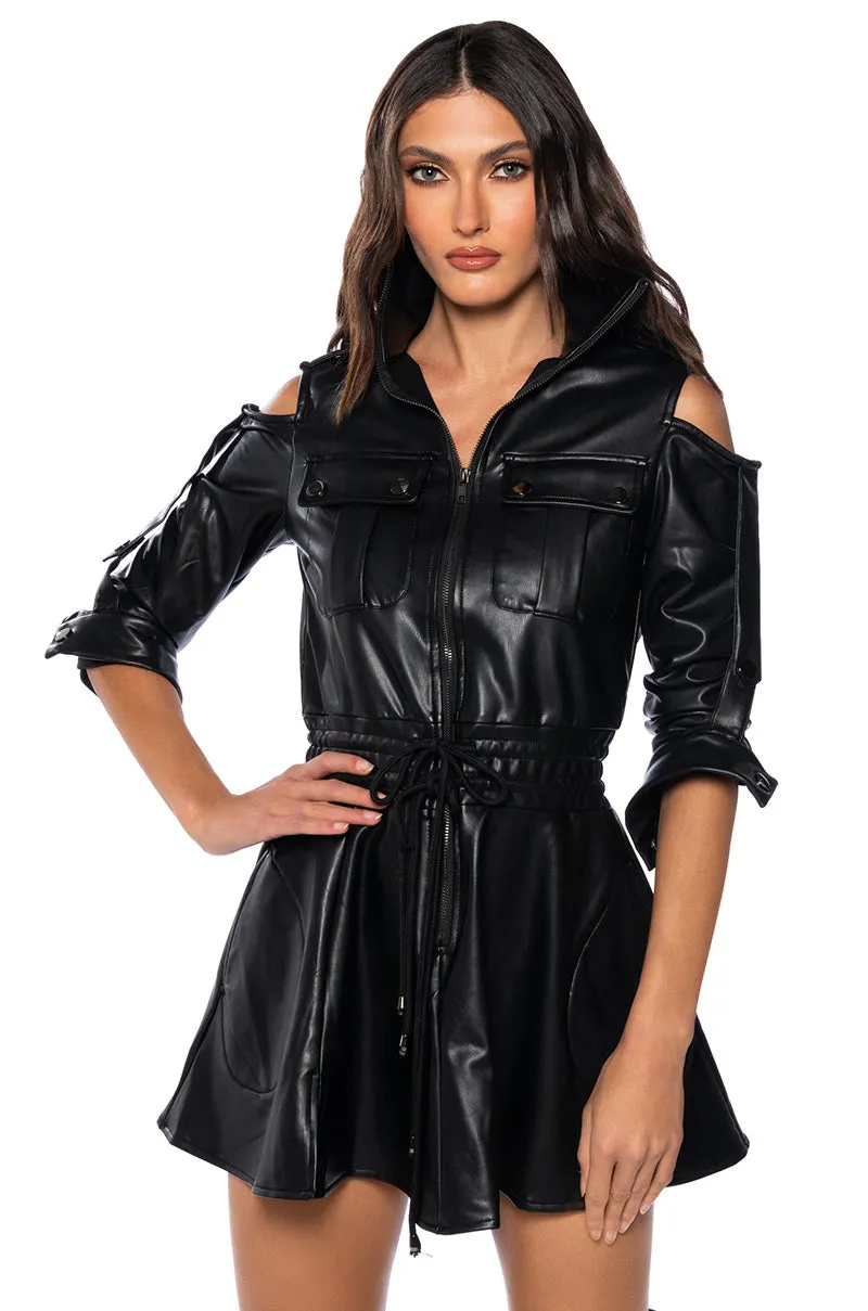 INTO THE MATRIX FAUX LEATHER LONG SLEEVE MINI DRESS sold by AKIRA