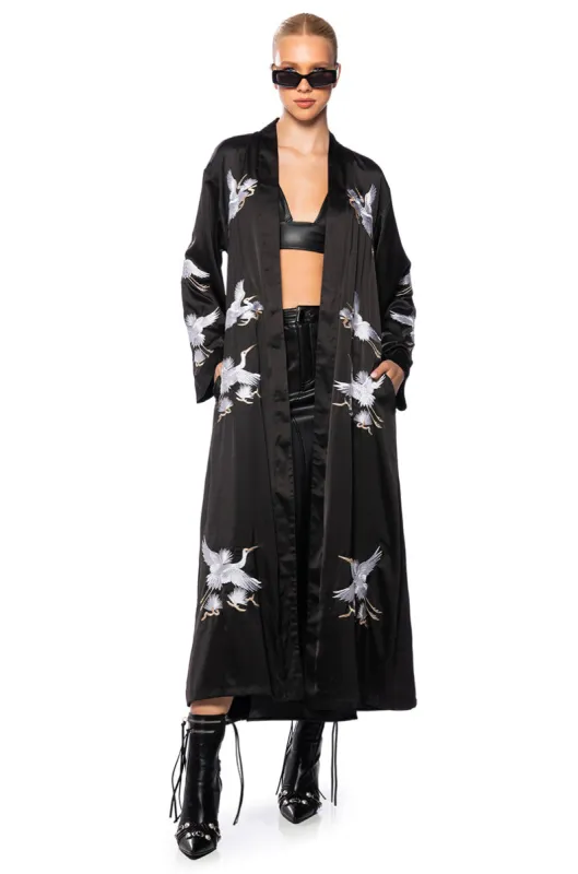OKINAWA CRANE SATIN SILK DUSTER sold by AKIRA