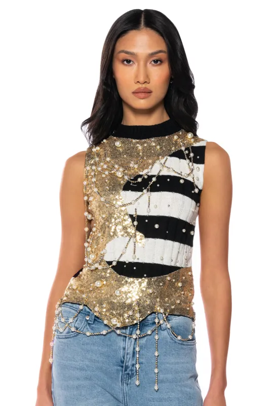 UNLIKE THE OTHERS PEARL AND SEQUINS DETAILED TOP sold by AKIRA