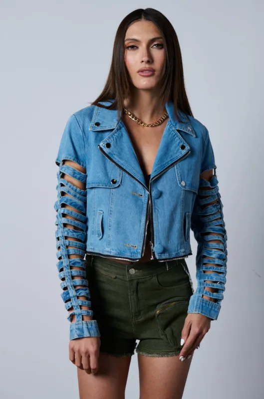 BLOSSOM DENIM CUT OUT PANEL CONVERTIBLE TRENCH sold by AKIRA
