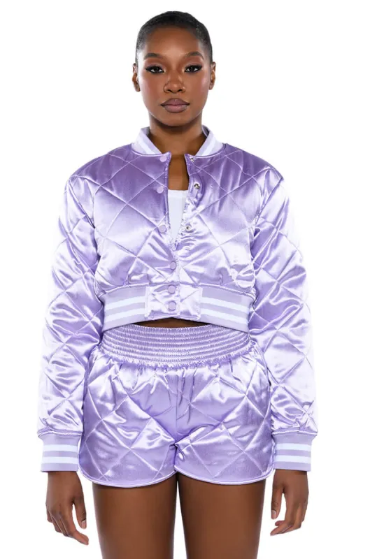 NO CAP CROPPED SATIN VARSITY BOMBER sold by AKIRA