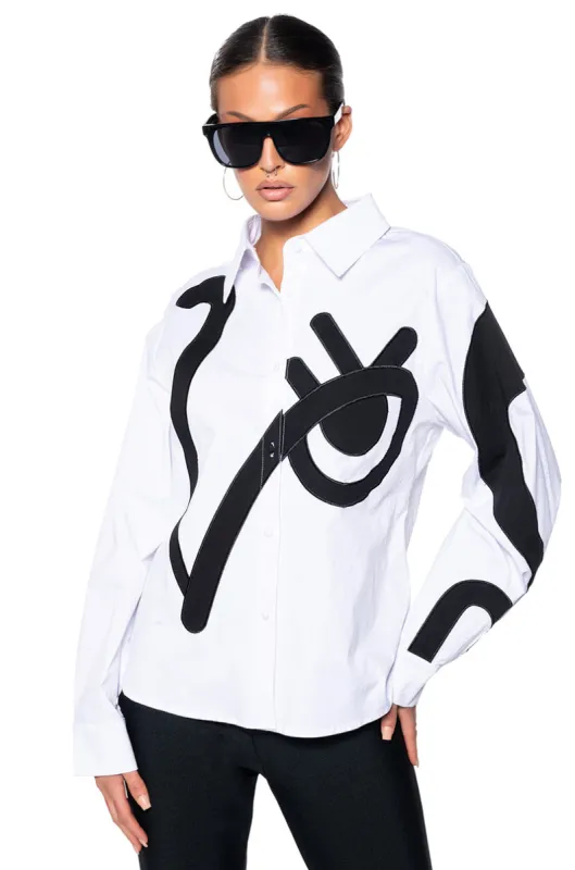 EYE ON YOU BUTTON DOWN POPLIN LONG SLEEVE TOP sold by AKIRA