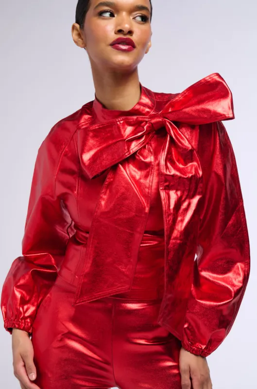 BELIEVE IN MY OWN BOW DETAIL METALLIC TOP sold by AKIRA