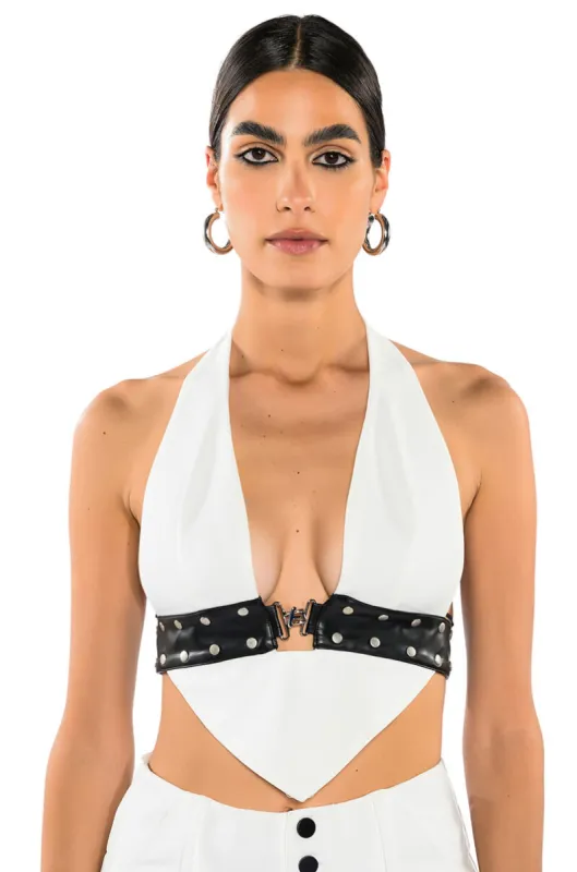 LUMA LOW V NECK HALTER BLOUSE WITH BELT sold by AKIRA