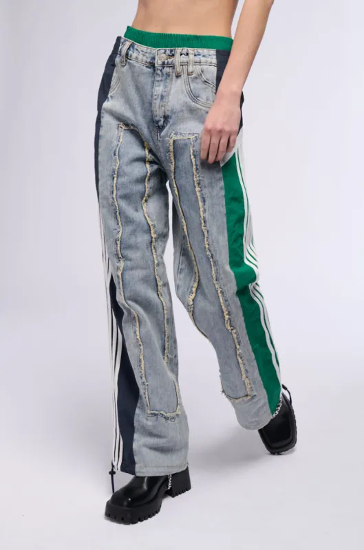 ALL AROUND THE WORLD PATCHWORK DENIM JOGGER PANT IN GREEN MULTI sold by AKIRA