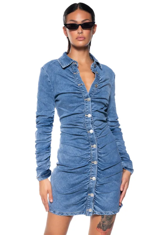 FLEX FIT RUCHED BUTTON DOWN LONG SLEEVE MINI DRESS sold by AKIRA